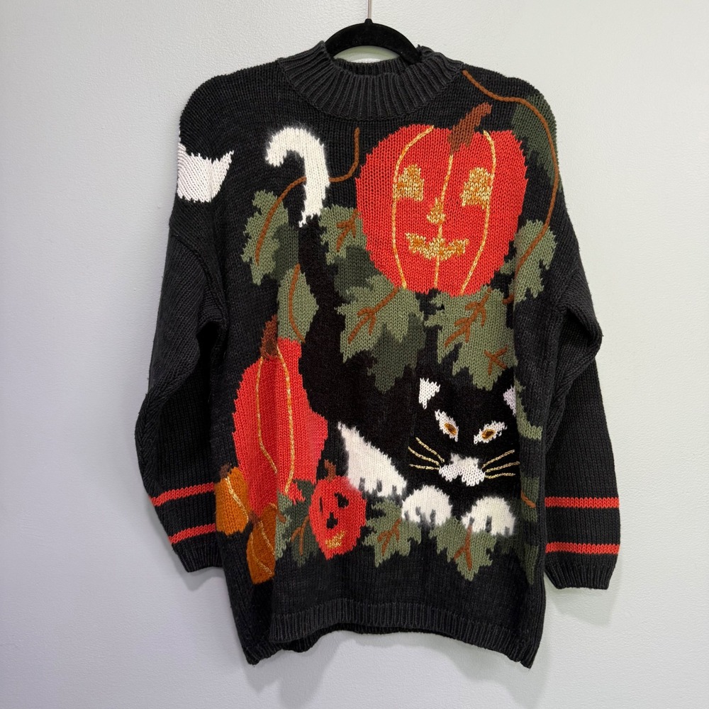 Spice of Life Halloween Black Cat Pumpkin Knit Sweater Vintage Womens L